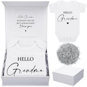 Shyyween 4 Pcs Pregnancy Announcement for Grandma, Hello Grandma Baby Bodysuit, Hello Grandma Pregnancy Reveal Card Baby Reveal Gift Box Baby Announcement Gifts Set for Grandma