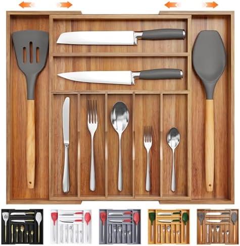 Bellsal Large Premium Acacia Wood Silverware Organizer - Expandable Utensil Drawer Organizer - 17"x19.6" Utensil Holder and Cutlery Tray with Grooved for Kitchen Flatware Utensils(7-9 Slot, Acacia)