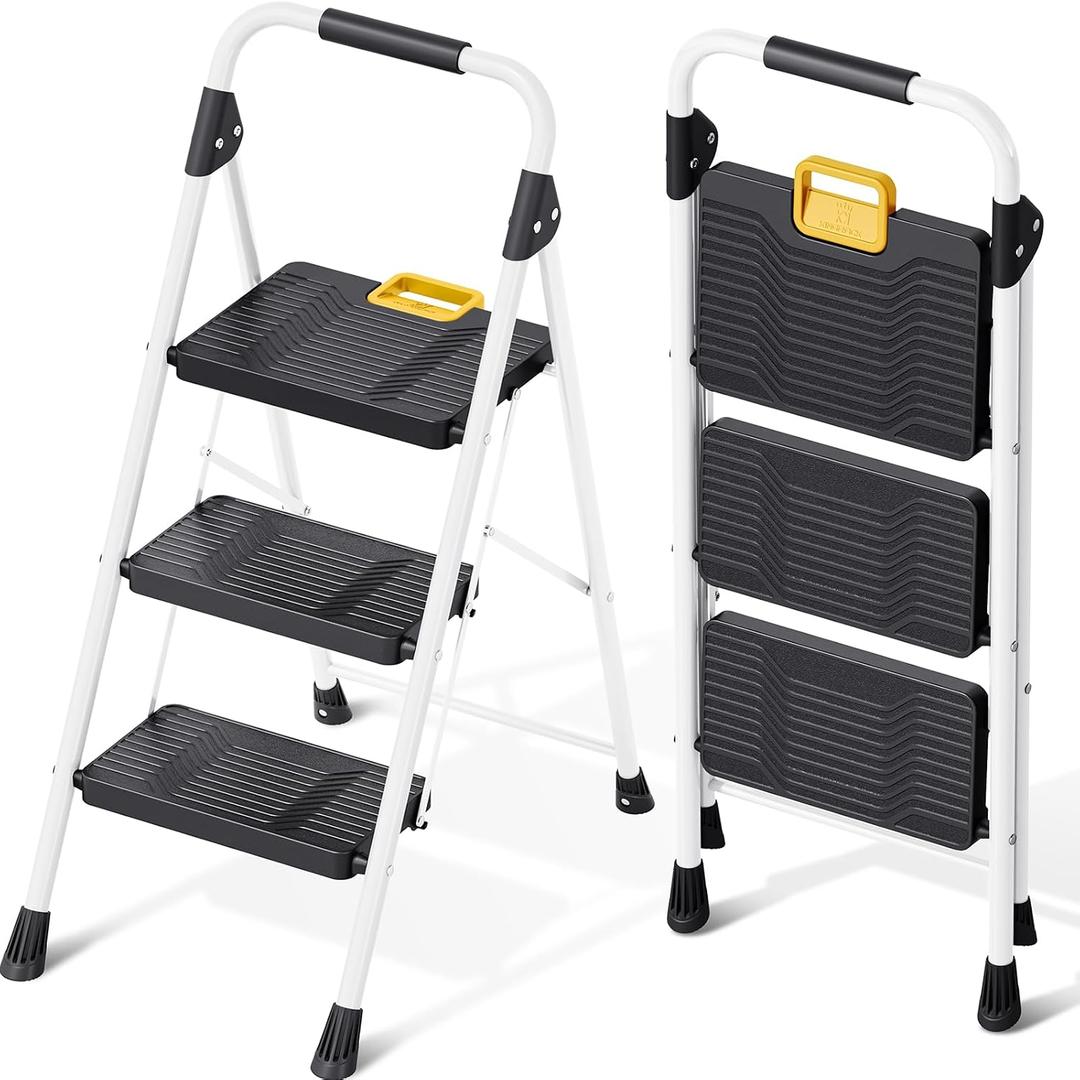 KINGRACK 3 Step Folding Ladder, 800lbs Capacity Step Stool with Safety Lock, Non-Skid Wide Pedals, and Handrail, Lightweight, Household Ladder for Home, Kitchen, Pantry, Closets, and Office Use, White