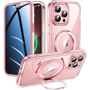 WASTROYAL Privacy Case for iPhone 14 Pro Max with 360°Stand [Built-in Anti Peeping Screen Protector] [Compatible with MagSafe] [Magnetic Ring ] Full Body Protective Phone Cover 6.7", Pink