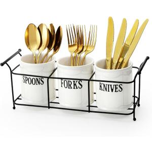 Bekith 3-Piece White Ceramic Silverware Caddy with Black Metal Rack, Utensil Holder Flatware Caddy Cutlery Storage Organizer for Kitchen Table, Cabinet or Pantry