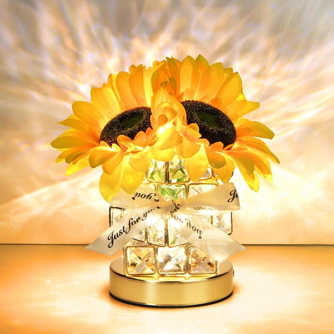 Handmade Sunflower Lamp, Rechargeable Cordless Touch Table Lamp, 3-Colour Infinitely Dimming Small Night Light, Festival Restaurant Bedroom Bar Coffee Shop Birthday Gifts for Women Mom, 2 Sunflowers