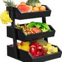 Bamboo 3 Tier Fruit Basket For Counter, Large Capacity Fruit Storage Countertop, Fruit Holder, Wooden Pantry Organizers and Storage, Kitchen Countertop Organizer With 2 Banana Hangers (Black)