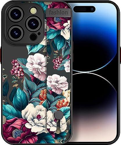 IWONE Compatible for iPhone 15 Pro Case Cute with Stand/Shockproof Drop Protection Slim Strap Kickstand Phone Cover for Women Girls/Large Flower Floral