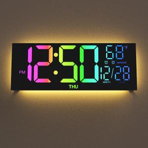 Digital Wall Clock Large Display, 13" Large Digital Wall Clock with RGB Color Remote Control, Automatic Brightness Dimmer Big Clock with Night Lights, Auto DST, Date Week,Perfect for Gift (Black)