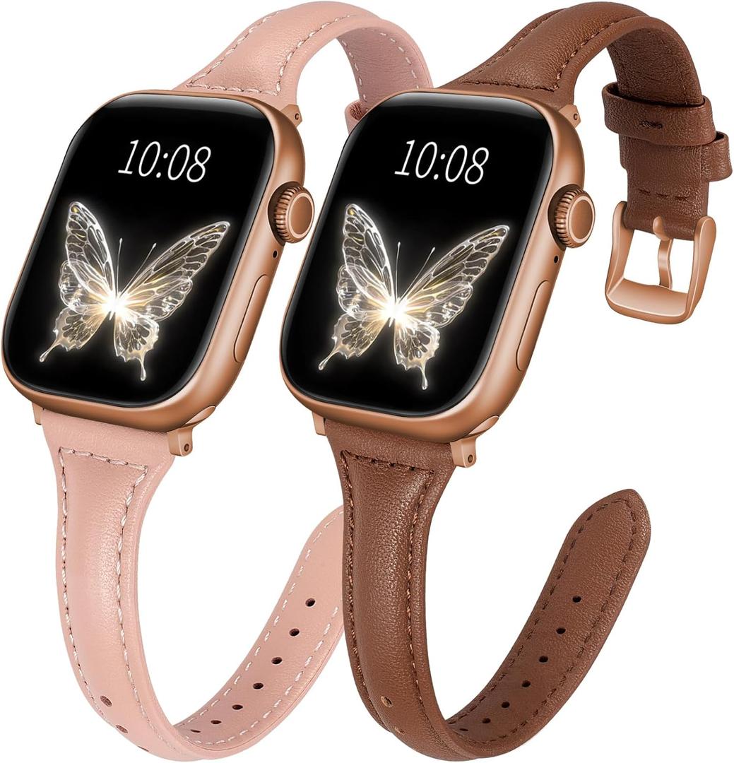 2 pack Slim Leather Bands Compatible with Apple Watch Band 38mm 40mm 41mm 42mm 44mm 45mm 46mm 49mm Women,Top Layer Genuine Leather Strap for iWatch Series 11/10/9/8/7/6 5/4/3/2/1/SE/Ultra (Brown+Pink/Rose Gold)