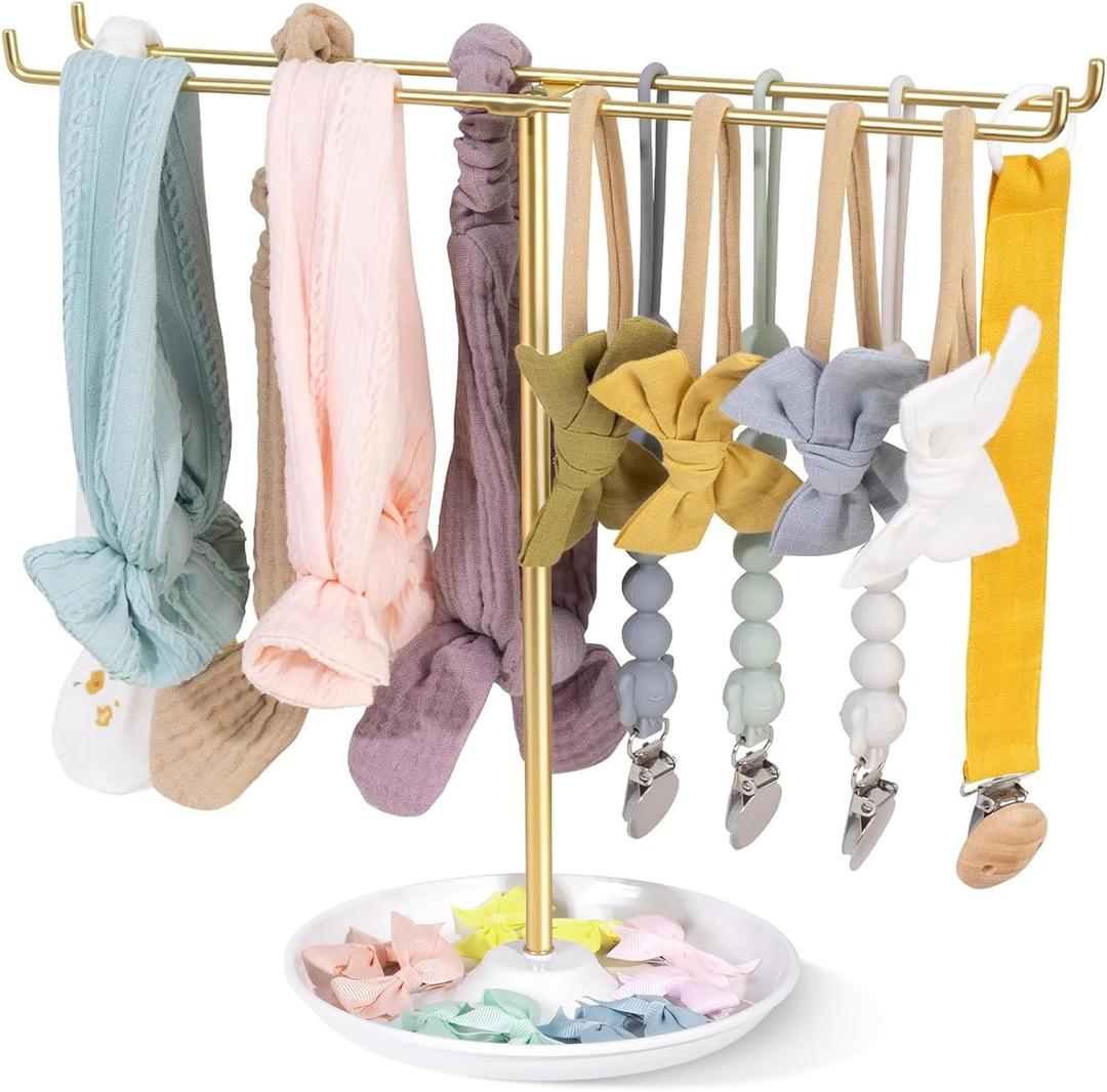 POVETIRE Baby Headband Holder Hair Bow Organizer for Girls,Metal Hair Ties Display Nylon Hairband Storage Head Wrap Stand Hair Accessories Organizer for Newborn Infant Toddler Kids (Golden)