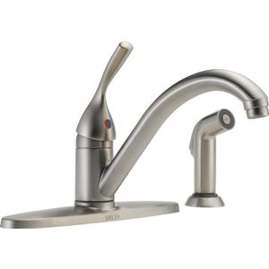 Delta Classic Brushed Nickel Kitchen Faucet with Side Sprayer, Contemporary 4 Hole Kitchen Sink Faucet, Single Handle, Stainless 400-SS-DST