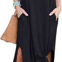 GRECERELLE Women's Summer Maxi Dress Casual Loose V Neck Short Sleeve Side Split Long Dresses with Functional Pockets (Black)