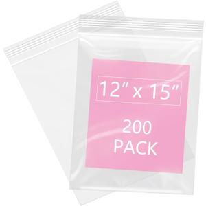 iMailer - 200 Pcs- 12" x 15" Large Plastic Zip Poly Bags- Clear Zip Storage Bag for Clothing, T-Shirts, Pants