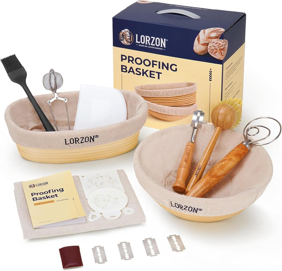 Clearance Final Stock - Lorzon Banneton Bread Proofing Basket Gift Set of 2 (10" Round & Oval Rattan) - Sourdough Bread Baking Supplies Making Tools with Bakers Couche & Sourdough Starter Kit