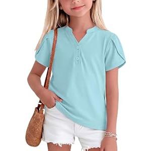 LessonZoo Girls Petal Short Sleeve T-Shirt V-Neck Button Top Solid T Shirts Summer Casual Tee Ages 5-14(5-6 Years,Baby Blue)