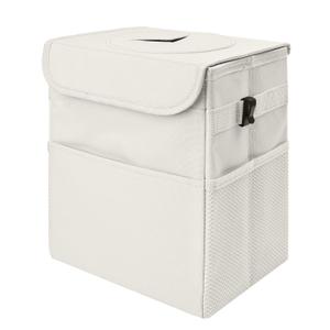 Car Trash Can Bin with Lid - Collapsible Car Garbage Can with Storage Pockets-Beige Mini Leakproof Vehicle Trash Bag-Small Automotive Organizers and Storage for Back/Front Seat SUV Truck Accessories