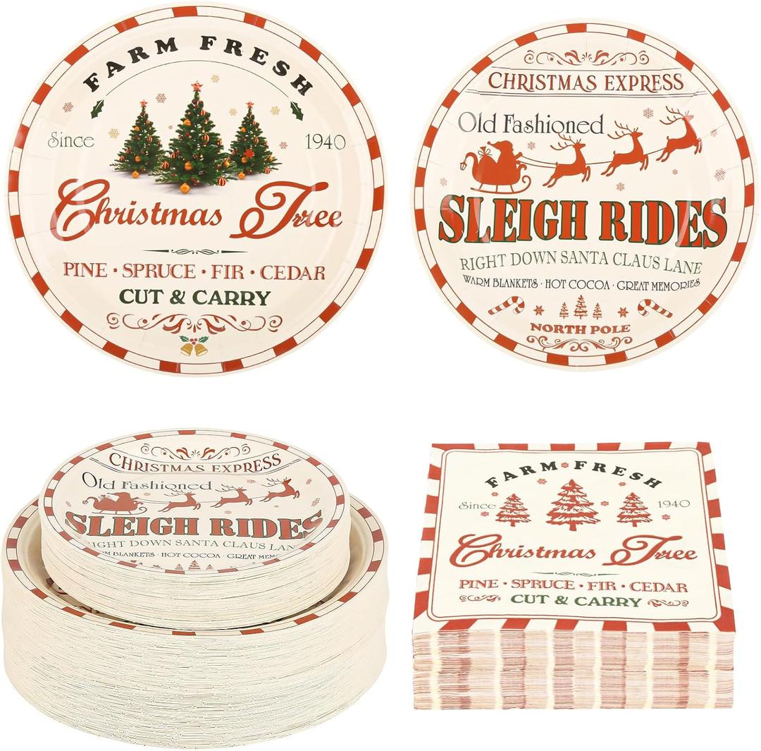 150Pcs Christmas Paper Plates and Napkins Set Vintage Christmas Farmhouse Design Disposable Holiday Plates Dinnerware for Xmas Holiday Winter Party,Serves 50