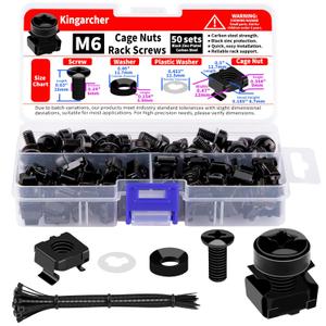 50-Pack M6 x 16mm Rack Mount Cage Nuts, Screws, and Washers  Server Rack Screws and Cage Nuts for Square-Hole Network Racks, Cabinets, and Shelves  Includes Cable Ties