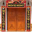 3Pcs Movie Night Porch Sign Banner Movie Theme Theater Welcome Now Showing Party Front Door Banner Wreath Photography Background Hanging Yard Sign for Home Film Red Carpet Event Awards Bunting Decor