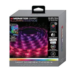 Monster 32.8ft Sound Reactive RGB+W Light Strip, Smart Multi-Color + Multiwhite, Indoor Use, App & Voice Control, Xtreme Easy Assembly