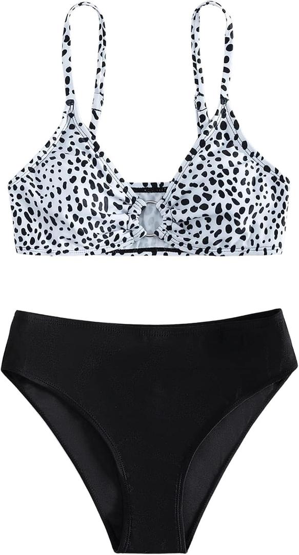 SOLY HUX Girl's Floral Print Bikini Bathing Suits 2 Piece Swimsuits (Black and White Printed)