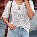 Saodimallsu Womens Crochet Sweaters Puff Short Sleeve V Neck Tie Front Lightweight Casual Summer Trendy Knit Tops White (L)