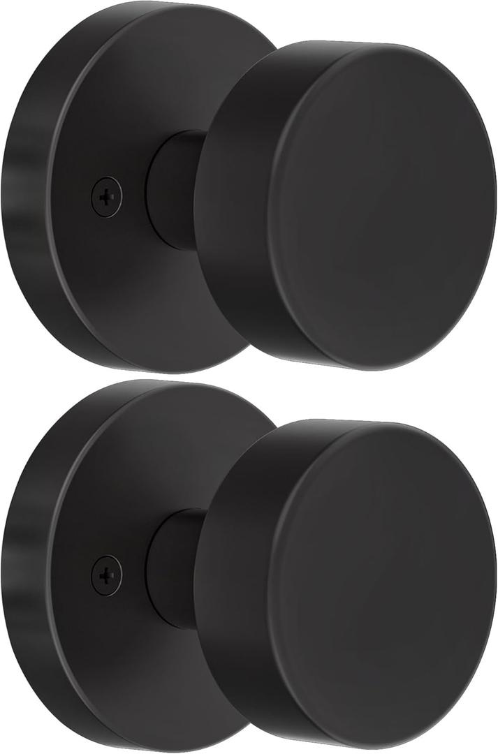 2 Pack Matte Black Dummy Door Knob Interior, Black Door Knobs for Bifold and Closet Doors, Heavy Duty Round Modern Door Handle