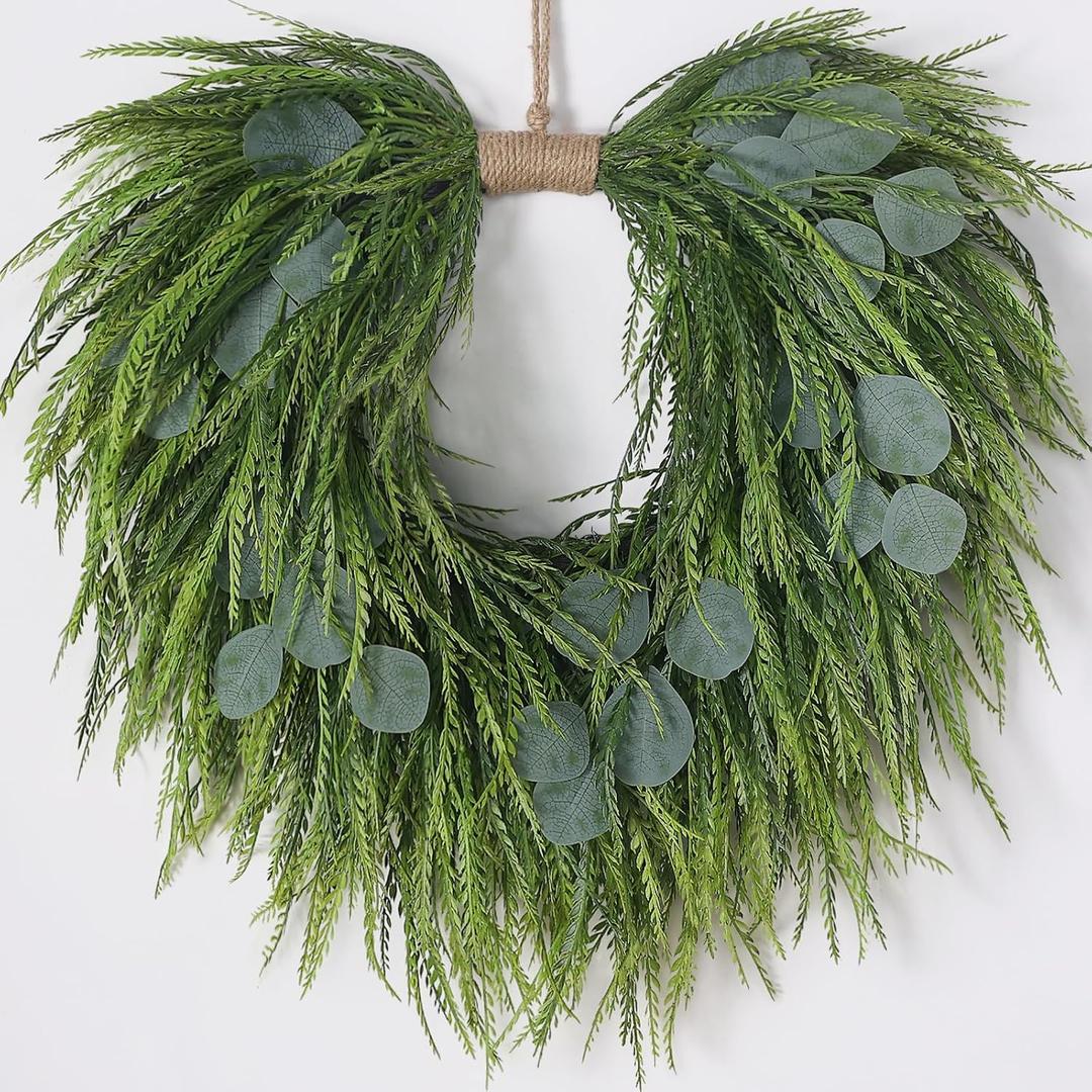 Artificial Saw Grass & Eucalyptus Wreath for Front Door, 22" Faux Saw Grass Fake Eucalyptu Greenery Hanging Heart Shaped Wreath for Wall, Farmhouse, Window,Home Decor | Spring Summer