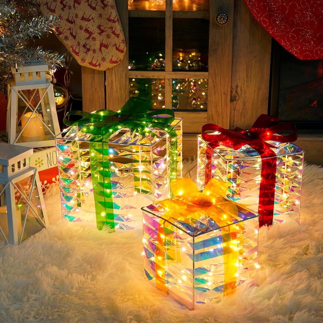 Set of 3 Christmas Lighted Gift Boxes with 140 LED Lights, Plug-in Holiday Decorations for Xmas Tree, Home, Indoor Outdoor Dcor