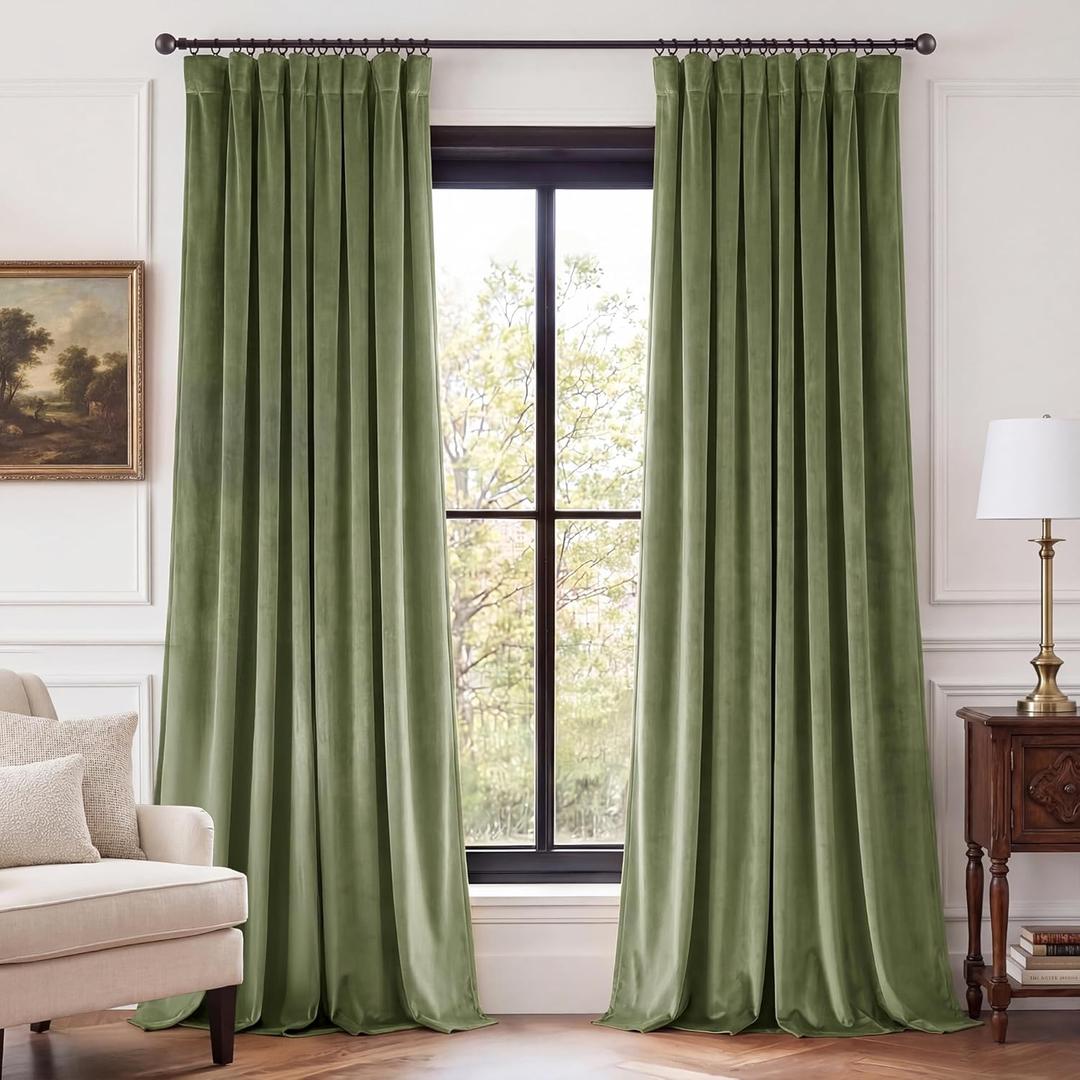 StangH Sage Green Velvet Curtains 96 inches Long, Back Tab Privacy Energy Efficient Window Treatment, Luxury Elegant Home Decor for Living Room, W52 x L96 inches, 2 Panels