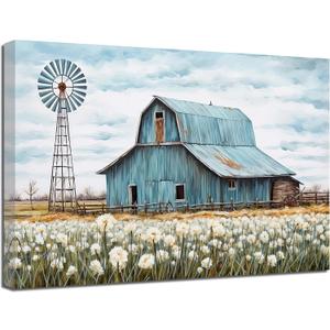 QIXIANG Turquoise Barn Canvas Wall Art Rustic Teal Old Barn and Windmill Flowers Painting Prints for Kitchen Home Decor Framed (16.00" x 24.00")
