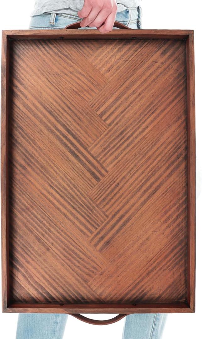 Large Ottoman Wooden Trays, Wood Serving Tray with Handles, Large Ottoman Tray, Wooden Serving Trays for Coffee Tables, Living Rooms and Kitchens, 24 x 16 inch