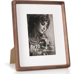 Fun Memories 8x10 Picture Frame, USA-Sourced Walnut Wood Photo Frames with HD Tempered Glass, Handcrafted Rounded Corner 8 x 10 Wooden Frames Matted to 5x7 Photos, 8x10 Frame, Tabletop or Wall Display