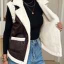 MakeMeChic Women's PU Leather Fuzzy Vest Open Front Sleeveless Pocket Warm Jacket