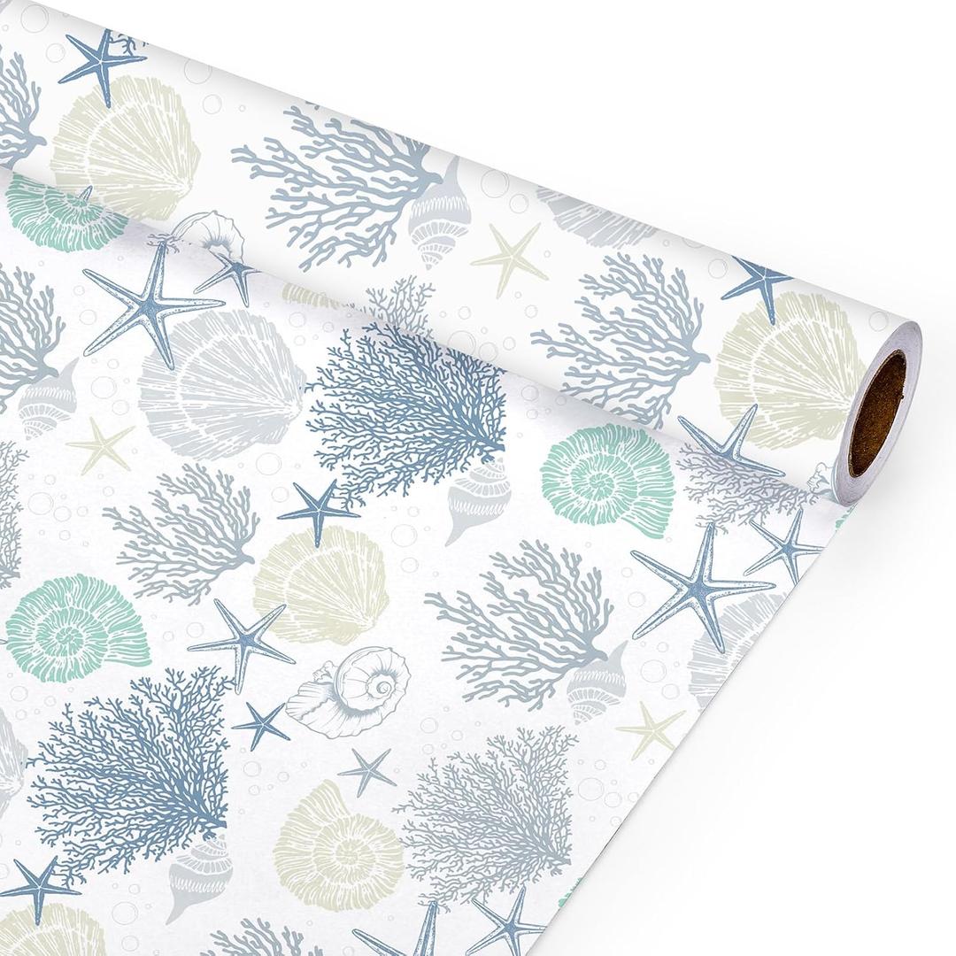 Whaline Ocean Wrapping Paper - Mini Roll - 17 In x 32.8 Ft Coastal Beach Coral Shell Gift Wrap Paper for DIY Art Craft Wedding Birthday Baby Shower Party Supplies