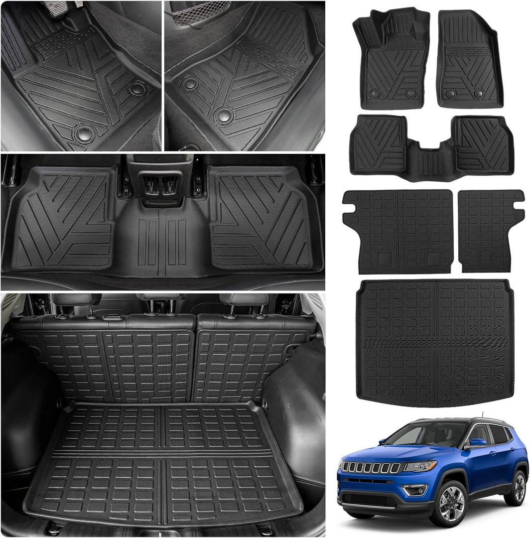 Floor Mats Compatible with 2017-2025 Jeep Compass Trunk Mat Cargo Liner Cargo Mat TPE All Weather Back Seat Cover Protector 2024 Compass Accessories (Trunk Mat+Backrest Mats+Floor Mats)