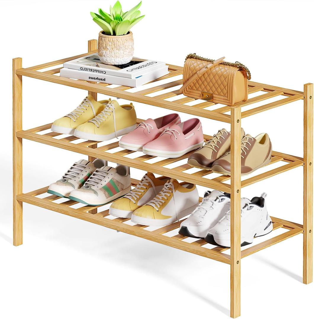 Kitsure Bamboo Wooden Shoe Rack for Closet - Stackable Shoe Organizer with Modular Structure, Space-Saving Shoe Shelf for Entryway, Living Room, Bedroom, 26.8" x 11" x 18.9", Natural (26.8"Wide - 3 Tiers, Nature)