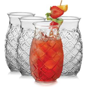 Libbey Tiki Pineapple Glasses Set of 4, Tropical, Textured 17 Ounce Tiki Glasses for Cocktails, Fun Mixed Drink Pineapple Cups for Luau, Summer Parties