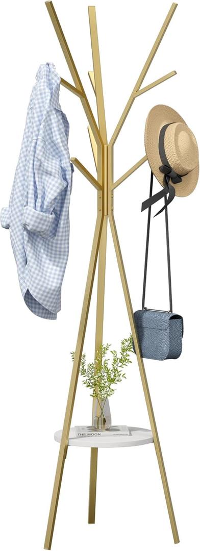 HOME BI Coat Rack Hat Stand Free Standing Display Hall Tree Metal Hat Hanger Garment Storage Holder with 9 Hooks for Clothes Hats and Scarves in Gold,17.72" Wx17.72 Dx70.87