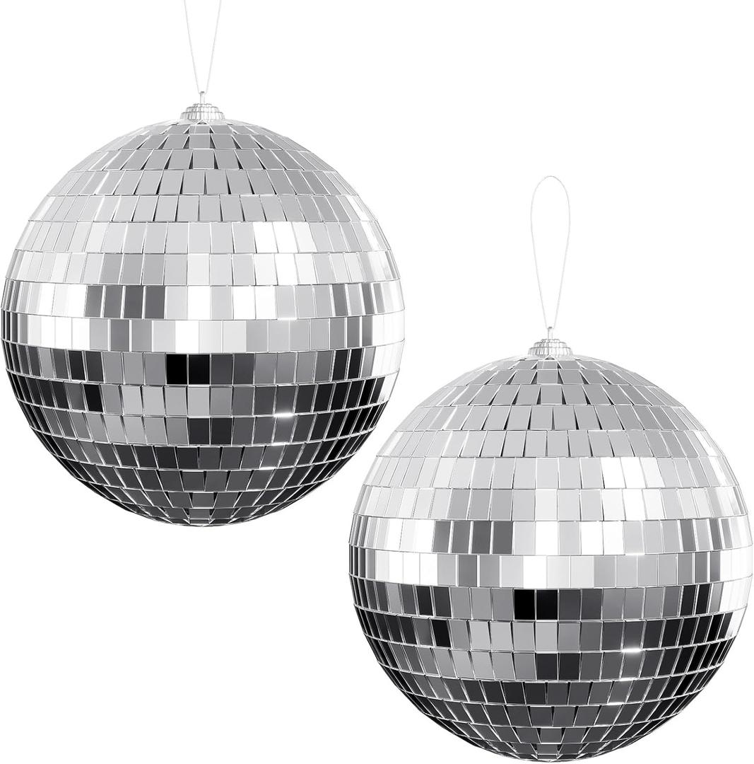 Youdepot Disco Ball 4" Inch 2-Pack, Silver Hanging Ball with Attached String for Ring,Reflects Light, Fun Party Home Bands Decorations, Party Favor 