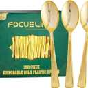 FOCUSLINE 300 Pack 6.8" Disposable Gold Plastic Spoons, Solid and Durable Plastic Cutlery Spoons, Heavy Duty Disposable Utensil Silverware for Catering, Parties, Dinners, Weddings