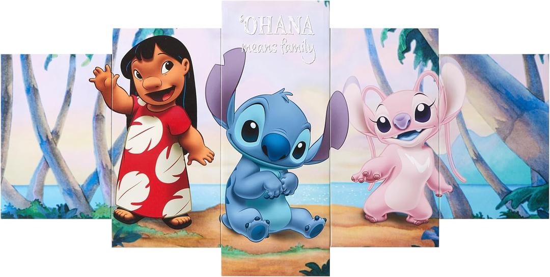 Idea Nuova Disney Lilo and Stitch Ohana Means Family 5 Piece Canvas Printed Wall Art Décor Set, Overall 40" W x 20" H