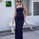 Women's Elegant Sleeveless Square Neck Bodycon Ruched Long Evening Party Dress (Blue)