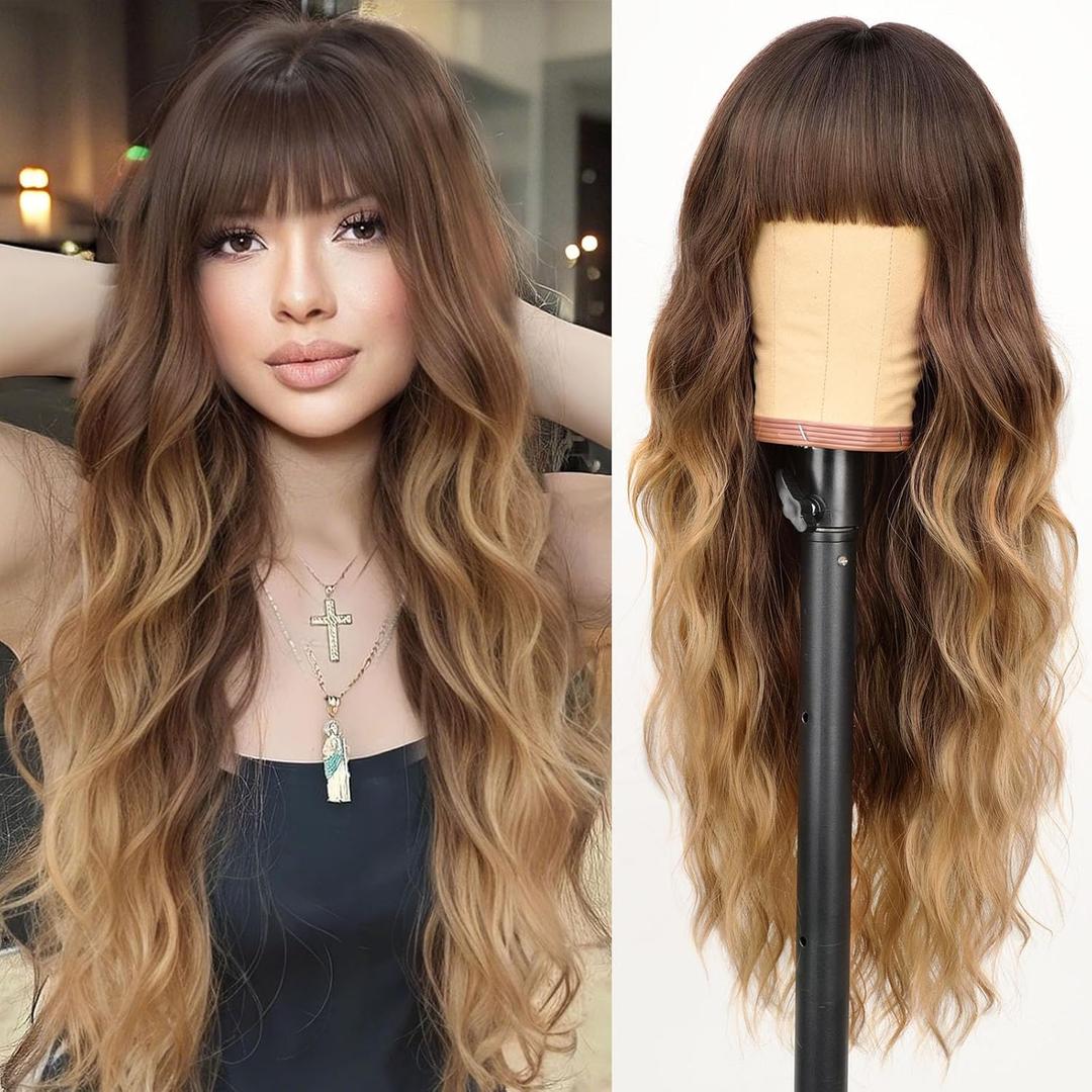 AISI HAIR Brown To Honey Blonde Wig with Bangs Long Wavy Synthetic Wig for Women Daily Party Use