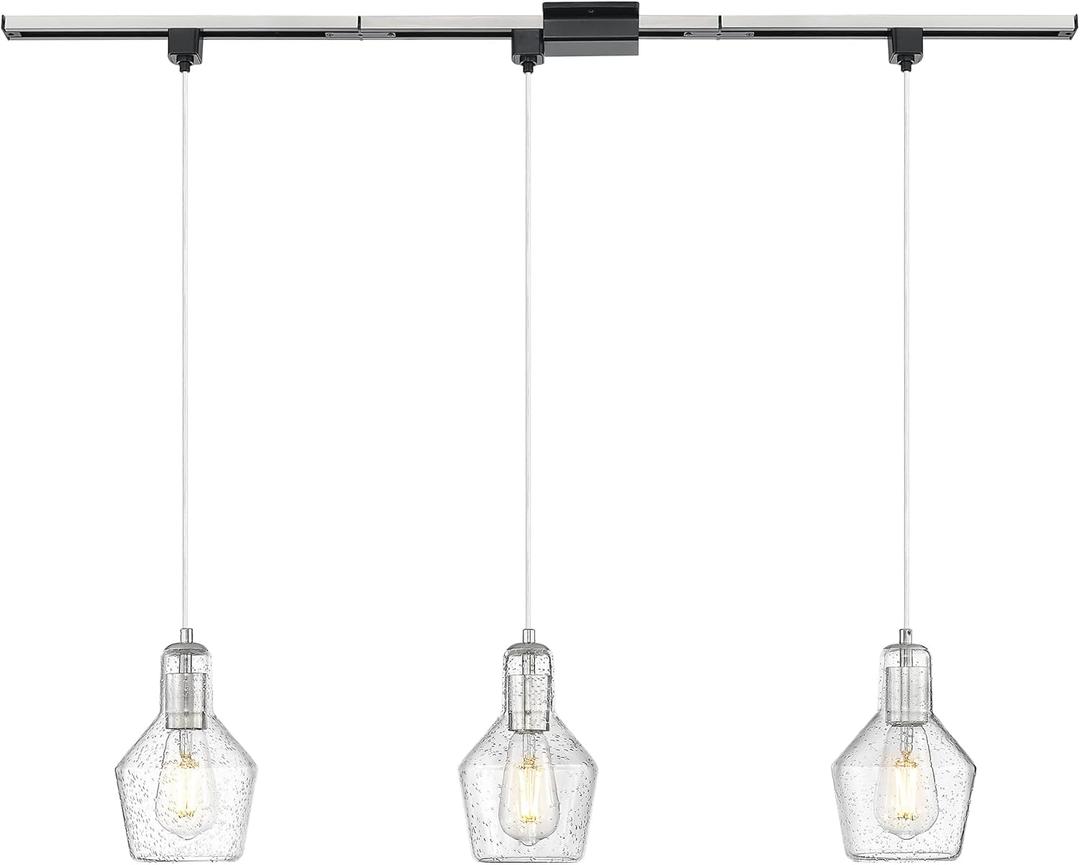 Emliviar H-Type Track Pendant Lighting in Brushed Nickel Finish, 3 Lights Modern Hanging Light with Seeded Glass Shade, Kitchen Chandelier with 39.4 inches of Wire, DYE286TP-3 BN