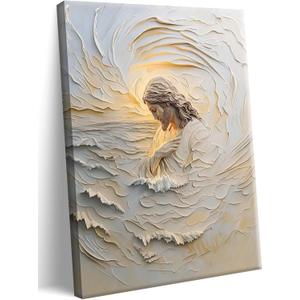 Framed Christian Jesus Canvas Wall Art, Jesus With Golden Halo Wall Decor Paintings, Religious Bible Posters Prints Pictures Artwork for Church Living Room Bedroom Home Decor 16x24 Inch (Yellow Jesus Hugs Himself)