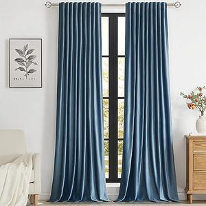 PRIMROSE Velvet Curtains 90 inch Long for Living Room,Set of 2 Panels Stone Grayish Blue Blackout Rod Pocket Back Tab Window Treatment Room Darkening Heavy Decorative Curtains Drapes for Bedroom