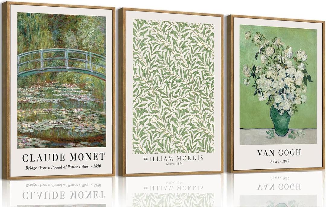 ZKFGPP 3 Piece William Morris Botanical Framed Wall Art Van Gogh Floral Canvas Art Prints Green Monet Painting Pictures Artwork Wall Decor for Living Room Bedroom 16x24in