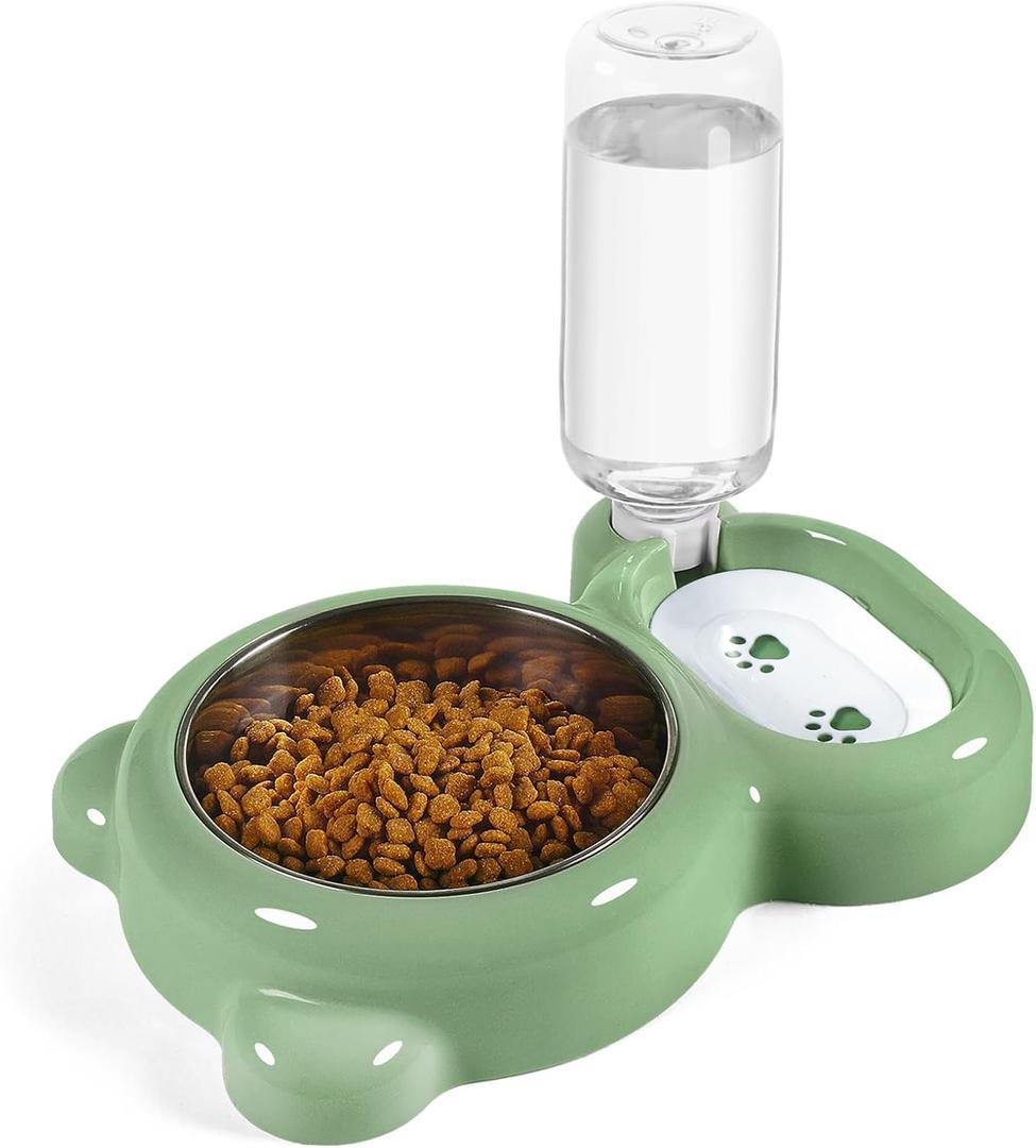 Dog Bowls, Cat Food and Water Bowl Set with Water Dispenser and Stainless Steel Bowl for Cats and Small Dogs  Green