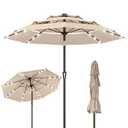 Kingdura 10ft 3-Tier Patio Umbrella with Solar Lights, Table Umbrella Outdoor Patio with Easy Crank & Tilt, 8 Sturdy Ribs, UV Protection, 32 LED Lights for Deck, Poolside, Market (Beige)
