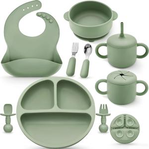 Bufims Silicone Baby Feeding Set, Baby Led Weaning Supplies, Eating Essentials Utensils with Suction Plate and Bowl, Pocket Bib, Sippy Cup with Lid, Forks Spoons Snack Container, for 6+ Months, Green