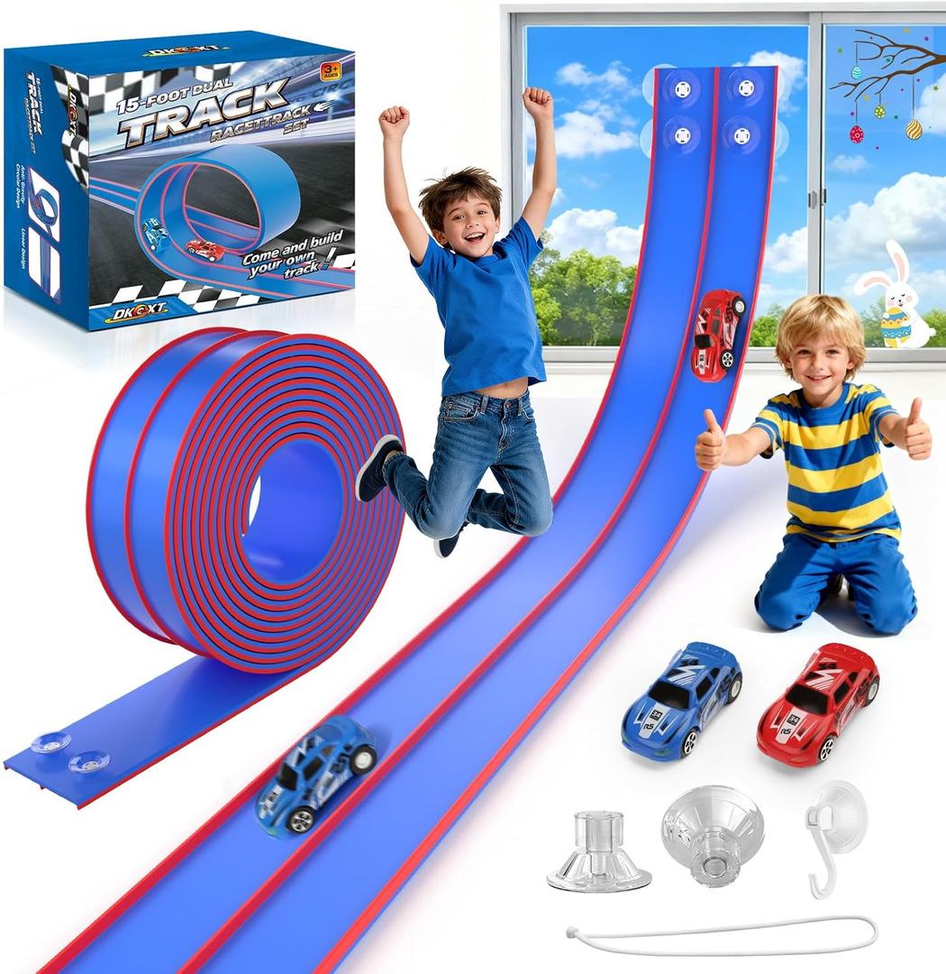 DKOXT Flexible Race Track for Kids 15 Feet of DIY Flex Track Race with 2 Cars & 3 Strong Suction Cups Car Ramp Toy Track, for Kids Ages 3+, Victory Blue