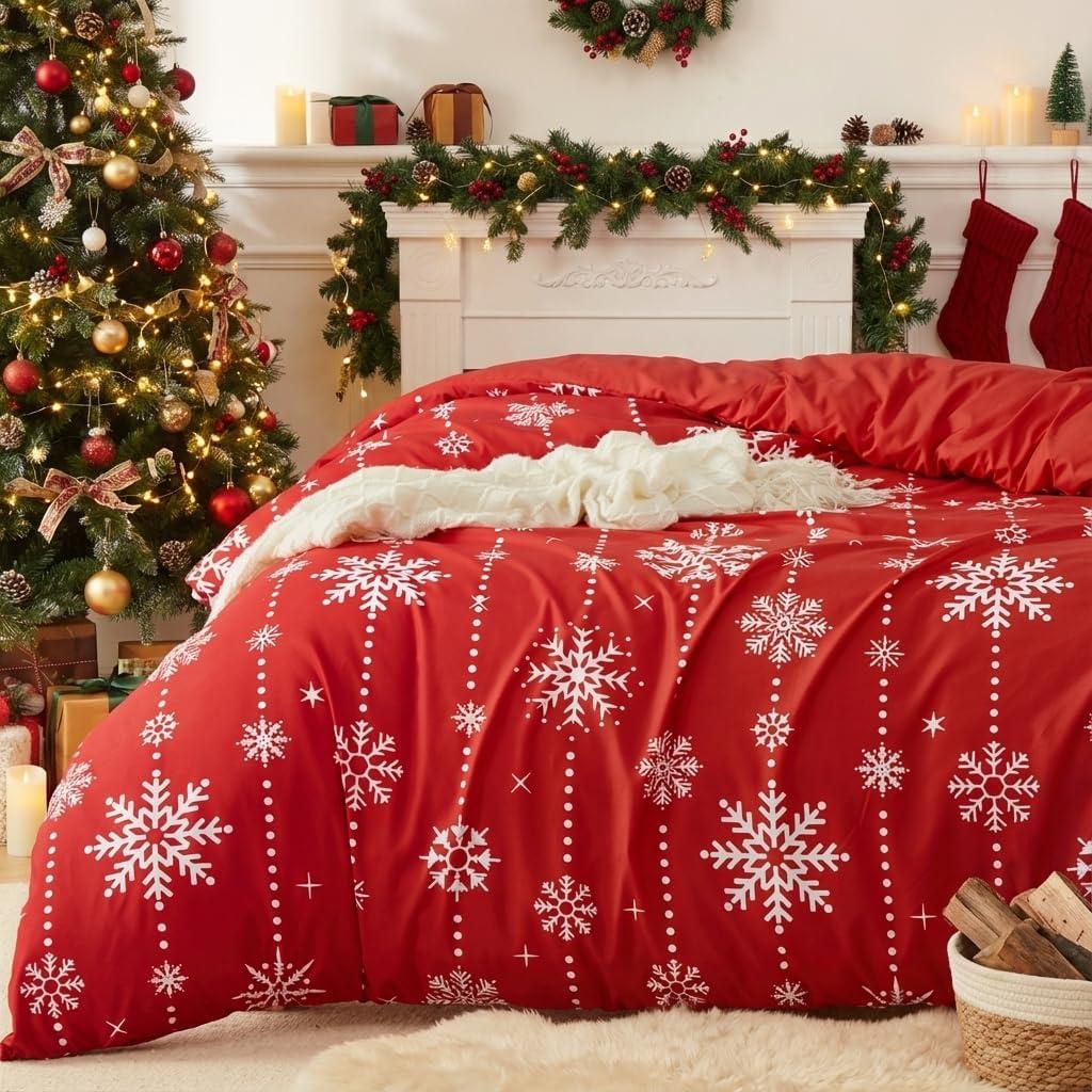 CAROMIO Christmas Duvet Cover King, Reversible Printed Comforter Cover Set Christmas Holiday Decorative Bedding, Soft Microfiber Red Duvet + 2 Pillow Shams (Snowflake Elegance, King)